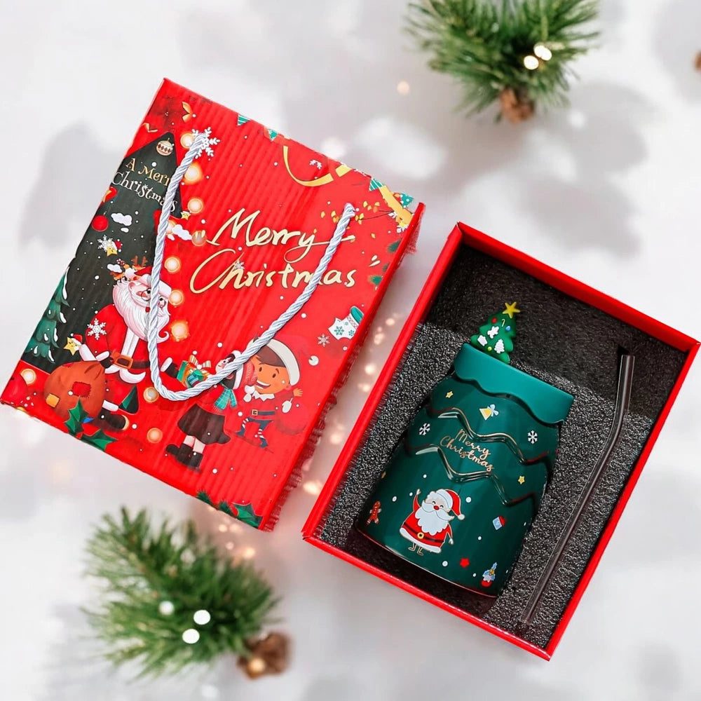 Keramikinis puodelis su kalėdiniu motyvu ir silikoniniu dangteliu ( Spalvų pasirinkimas)