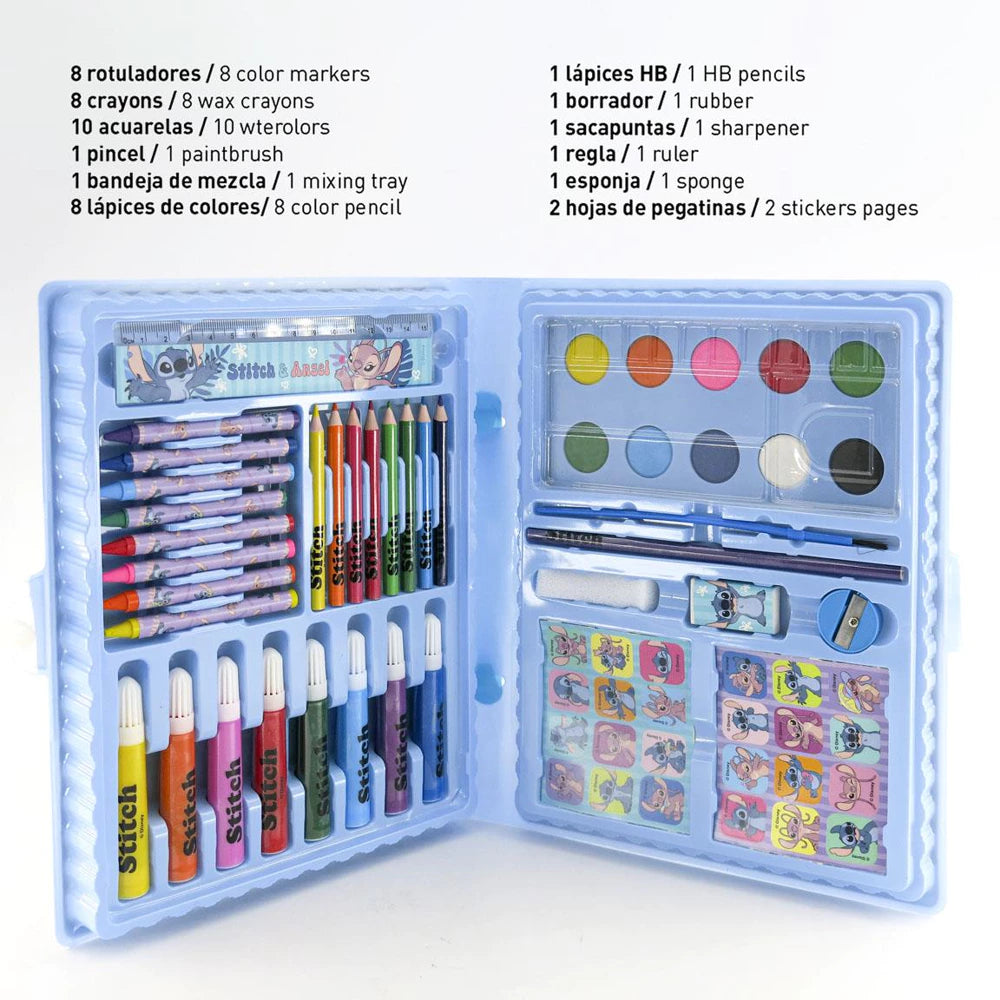 STITCH – 43 dalių spalvinimo ir kanceliarinių reikmenų rinkinys dėžutėje