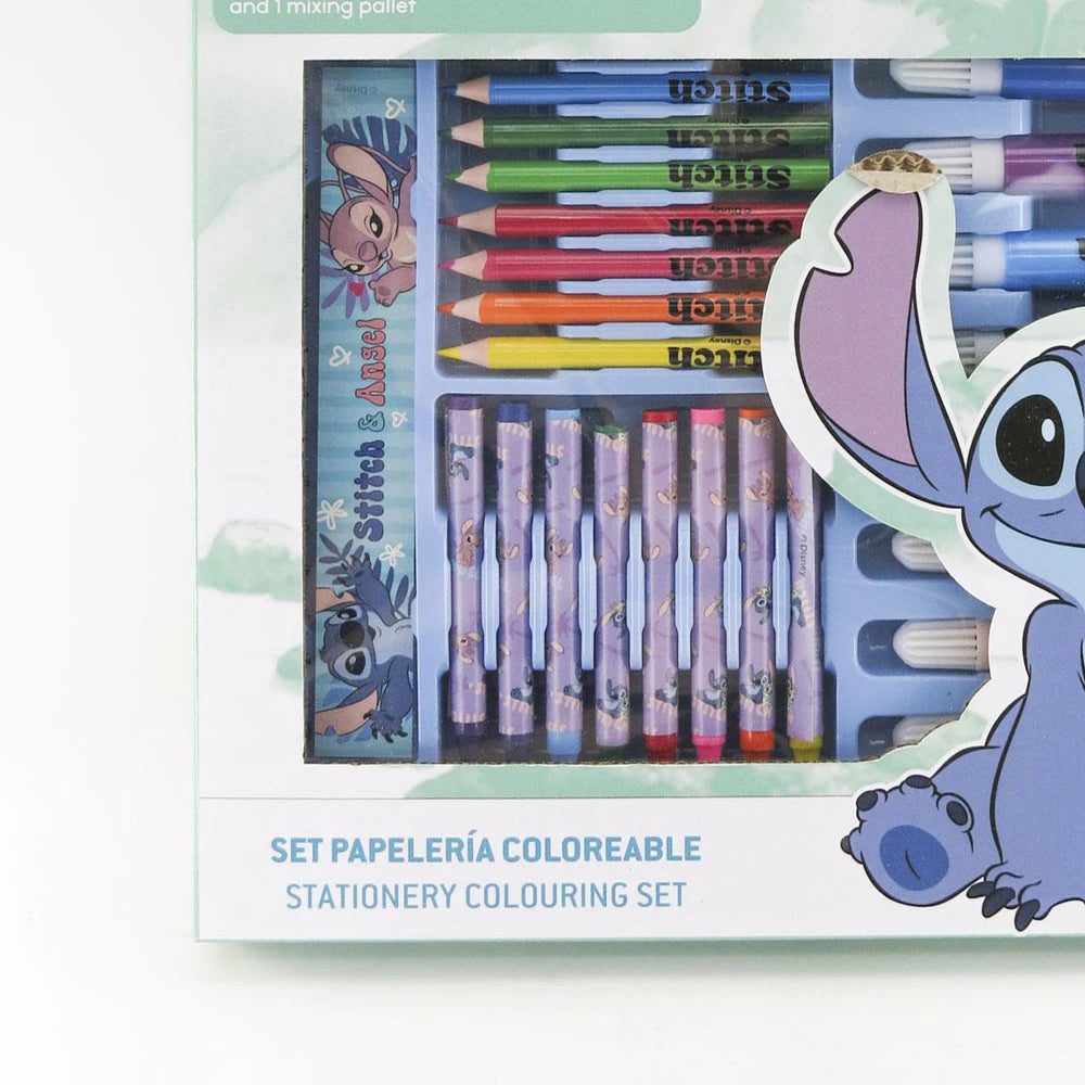 STITCH – 43 dalių spalvinimo ir kanceliarinių reikmenų rinkinys dėžutėje