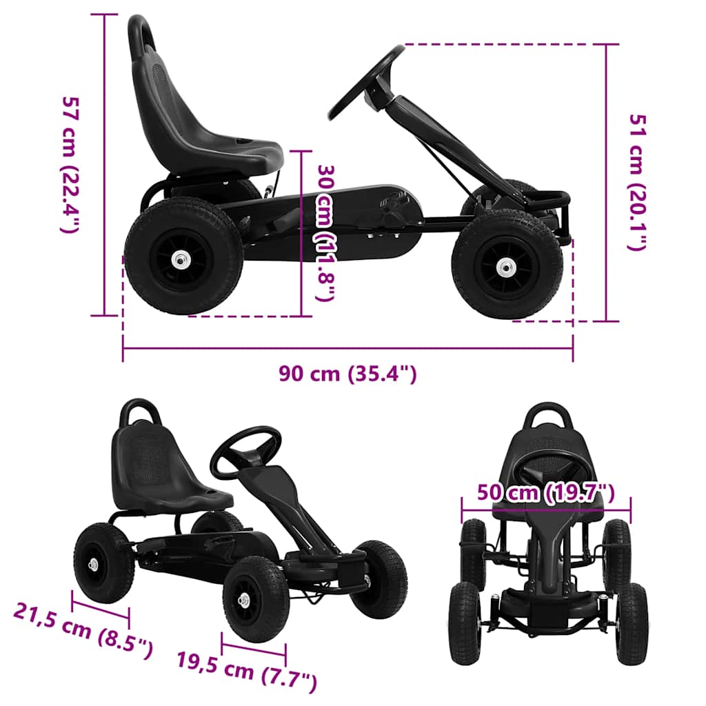 Pedalais minamas kartingas su pneumat. padangomis, juodas
