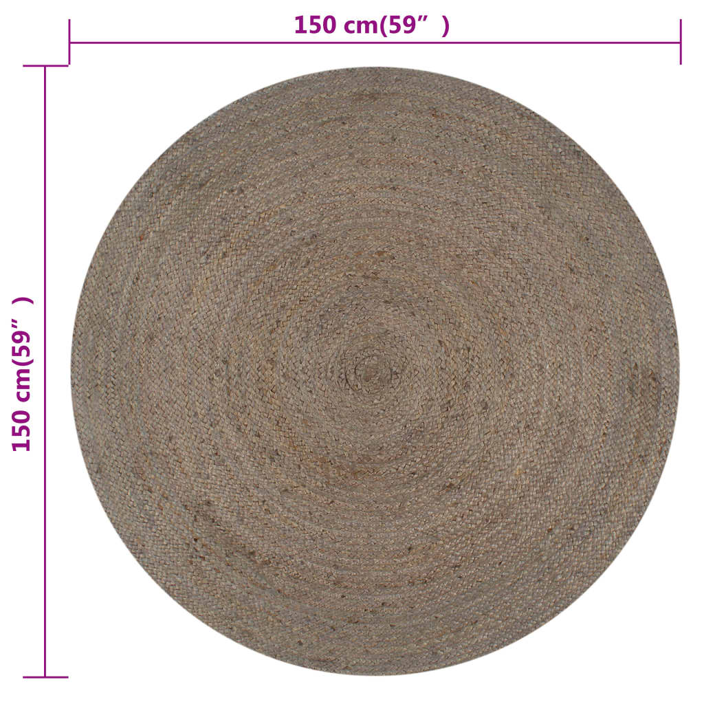 Kilimas, pilkas, 150cm, džiutas, apvalus, rankų darbo