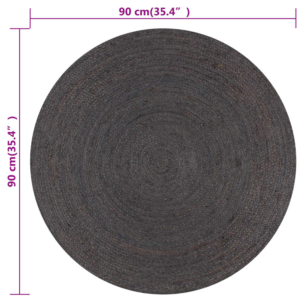 Kilimas, tamsiai pilkas, 90cm, džiutas, apvalus, rankų darbo