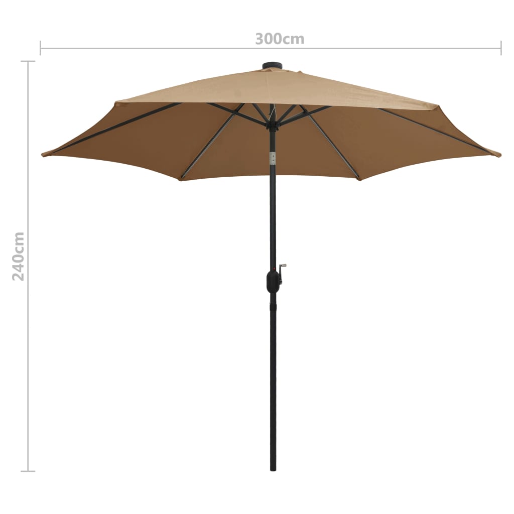 Sodo skėtis su LED ir aliuminio stulpu, taupe, 300cm