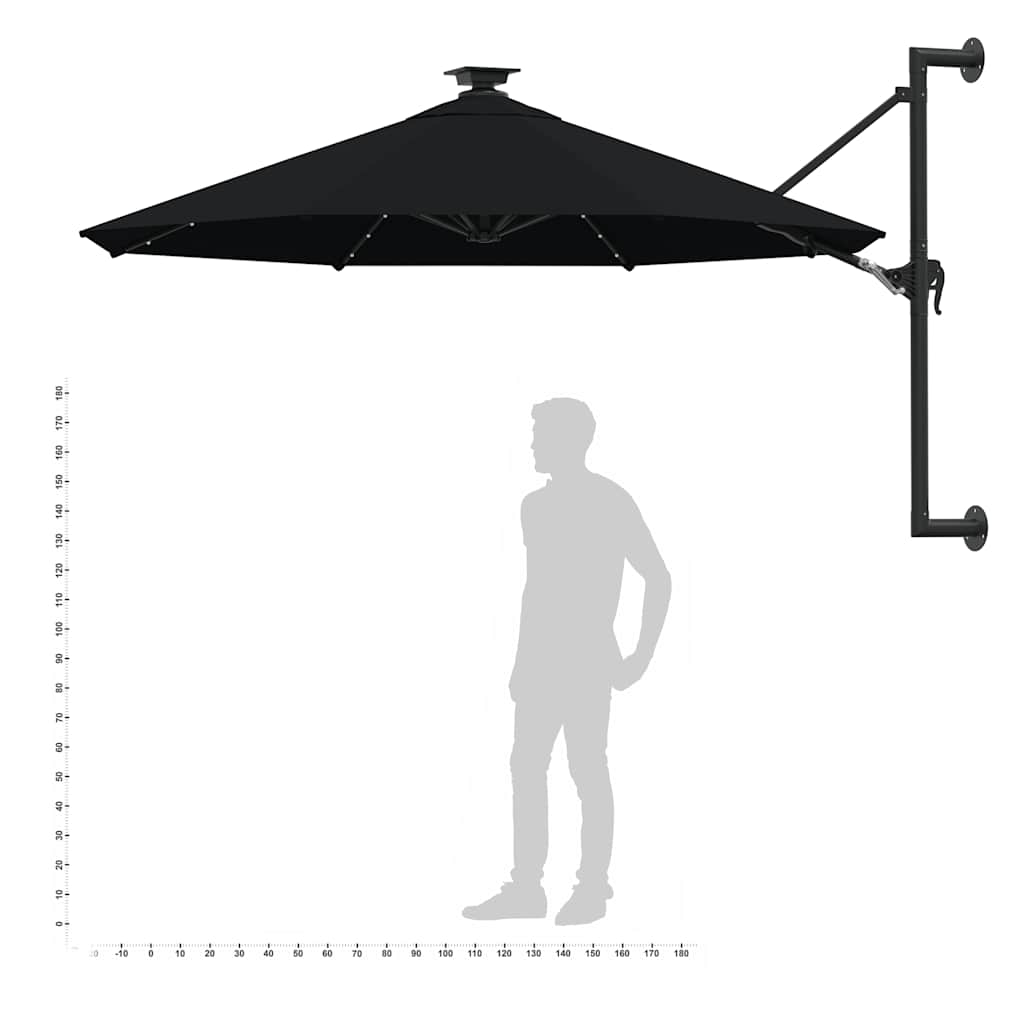 Prie sienos montuojamas sodo skėtis su LED, juodas, 300cm