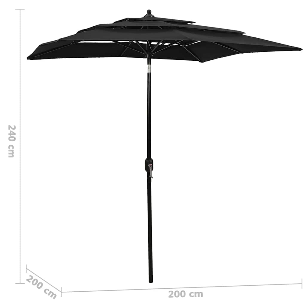 Sodo skėtis su aliuminio stulpu, juodas, 2x2m, 3 aukščių