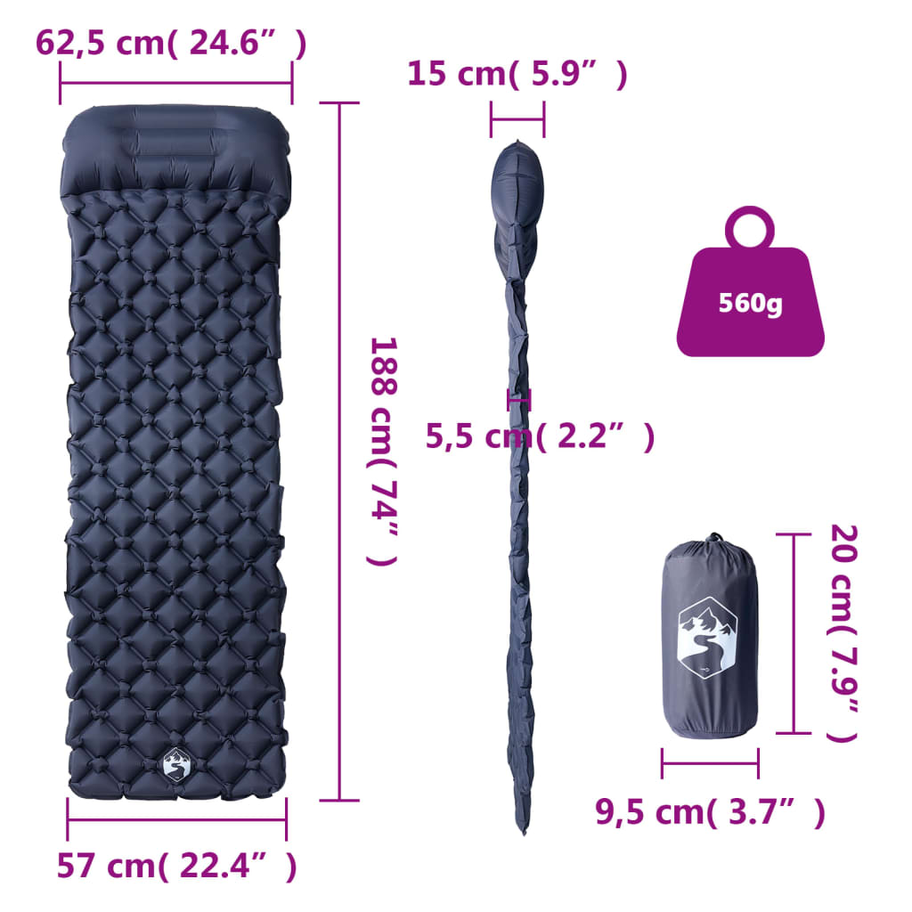 Pripučiamas čiužinys su pagalve, pilkas, vienvietis