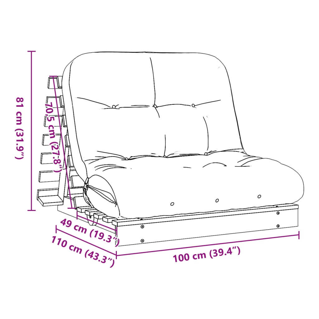 Futono sofa-lova su čiužiniu, balta, 100x206x11cm, pušis