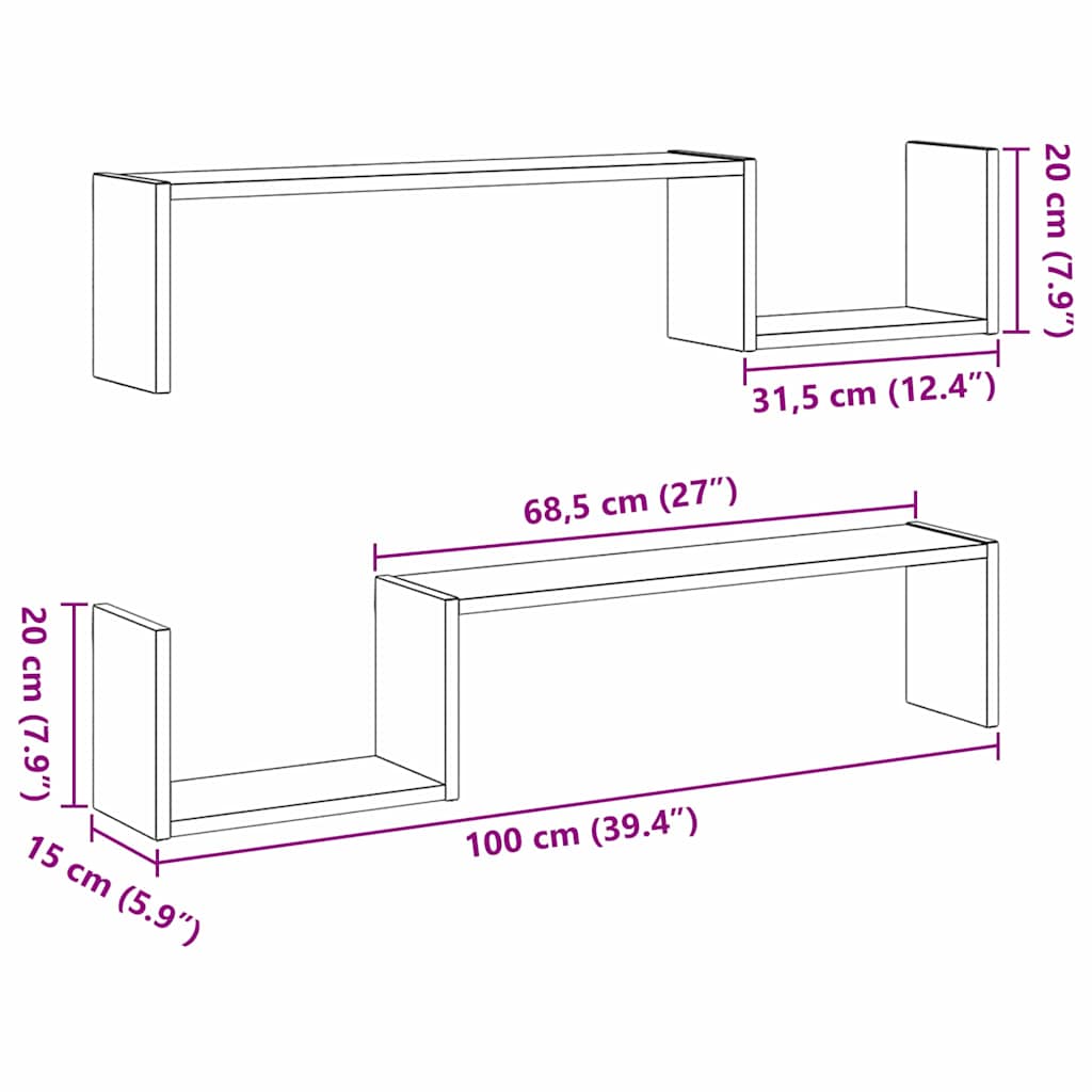 Sieninė lentyna su lentyna 2 pcs juoda ąžuolo 100 x 15 x 20 cm