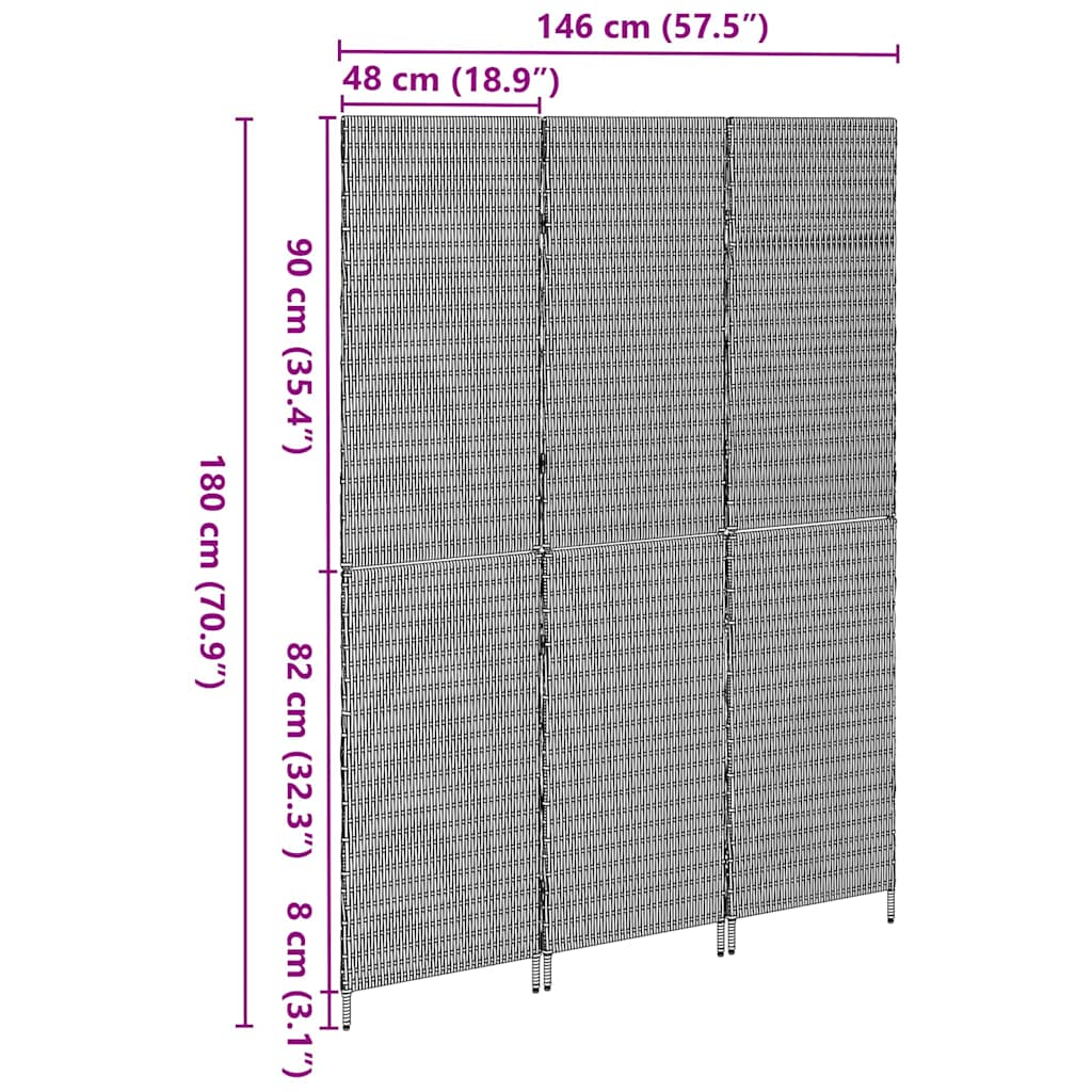 Kambario Separatorius 3 Paneliai Sulankstomas Rudas 146x180 cm Poli Ratanas
