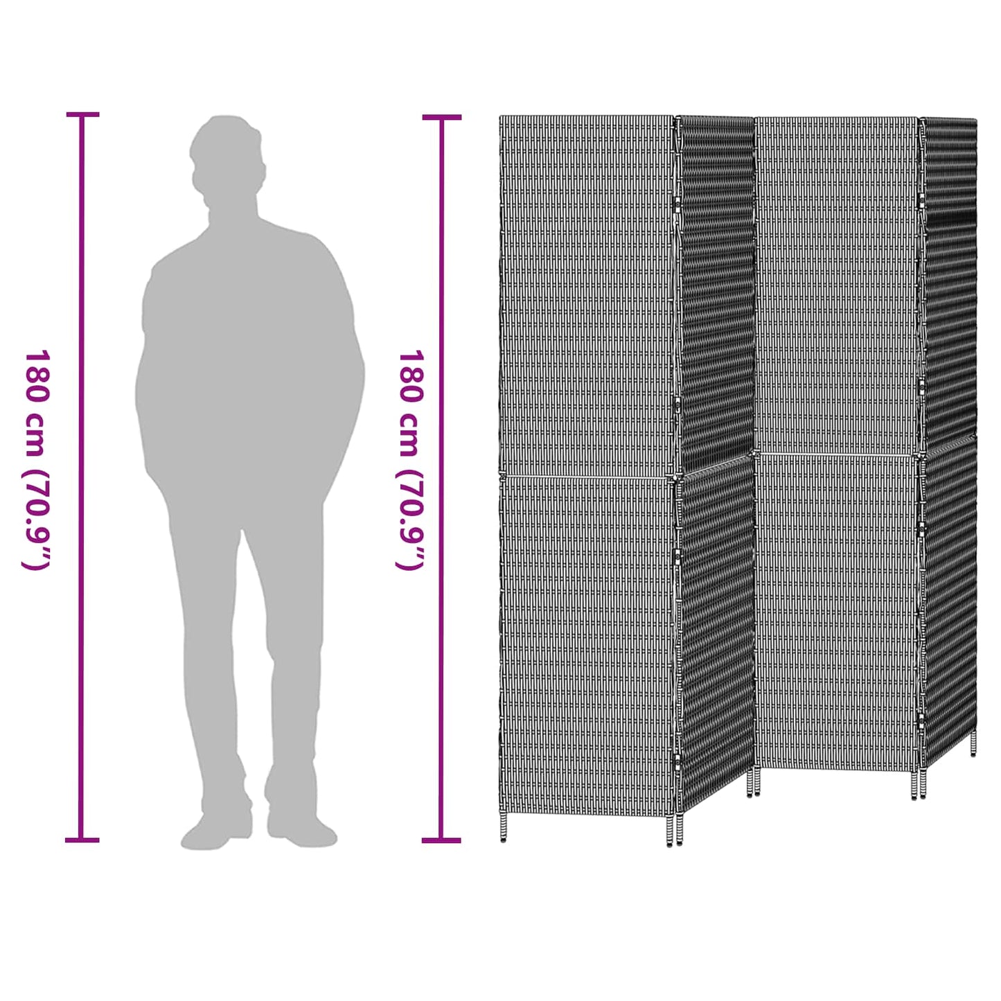 Kambario Pertvara 4 Paneliai Sulankstoma Pilka 195x180 cm Poli Ratanas