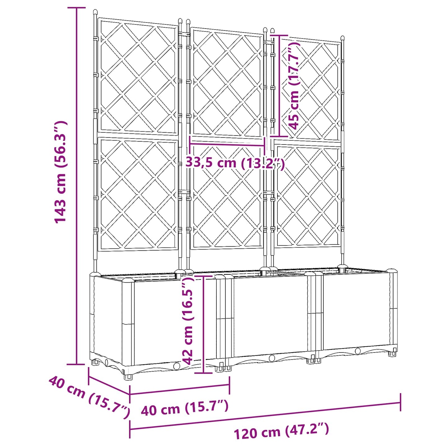 Sodas vazonas su trellis 3 pcs Pilka 120 x 40 x 143 cm PP