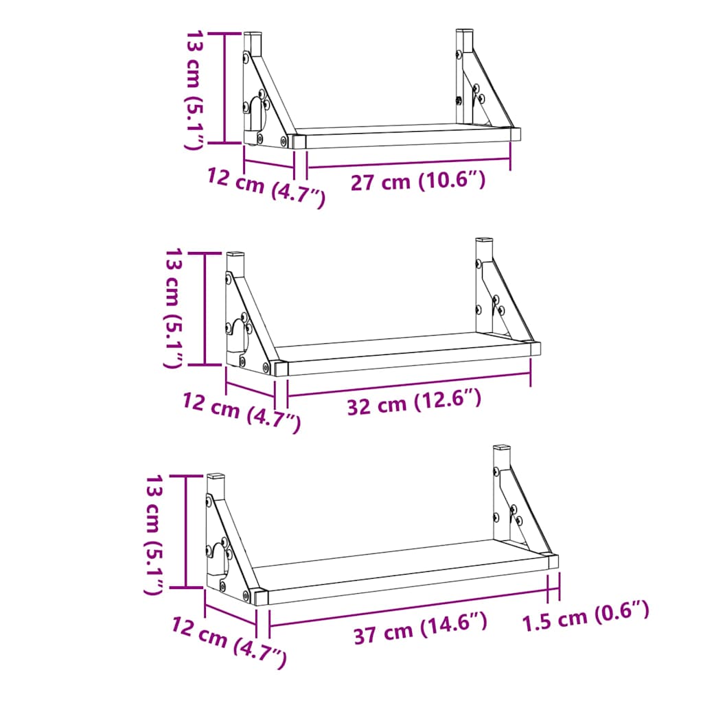 Sieninių lentynų komplektas 3 pcs juoda ąžuolo 37 x 12 x 13 cm