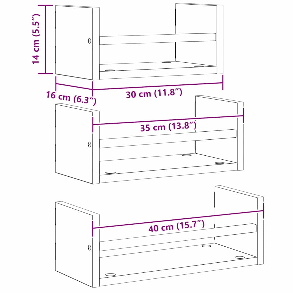Sieninių lentynų komplektas 3 pcs Juodas ąžuolas 40x16x14cm