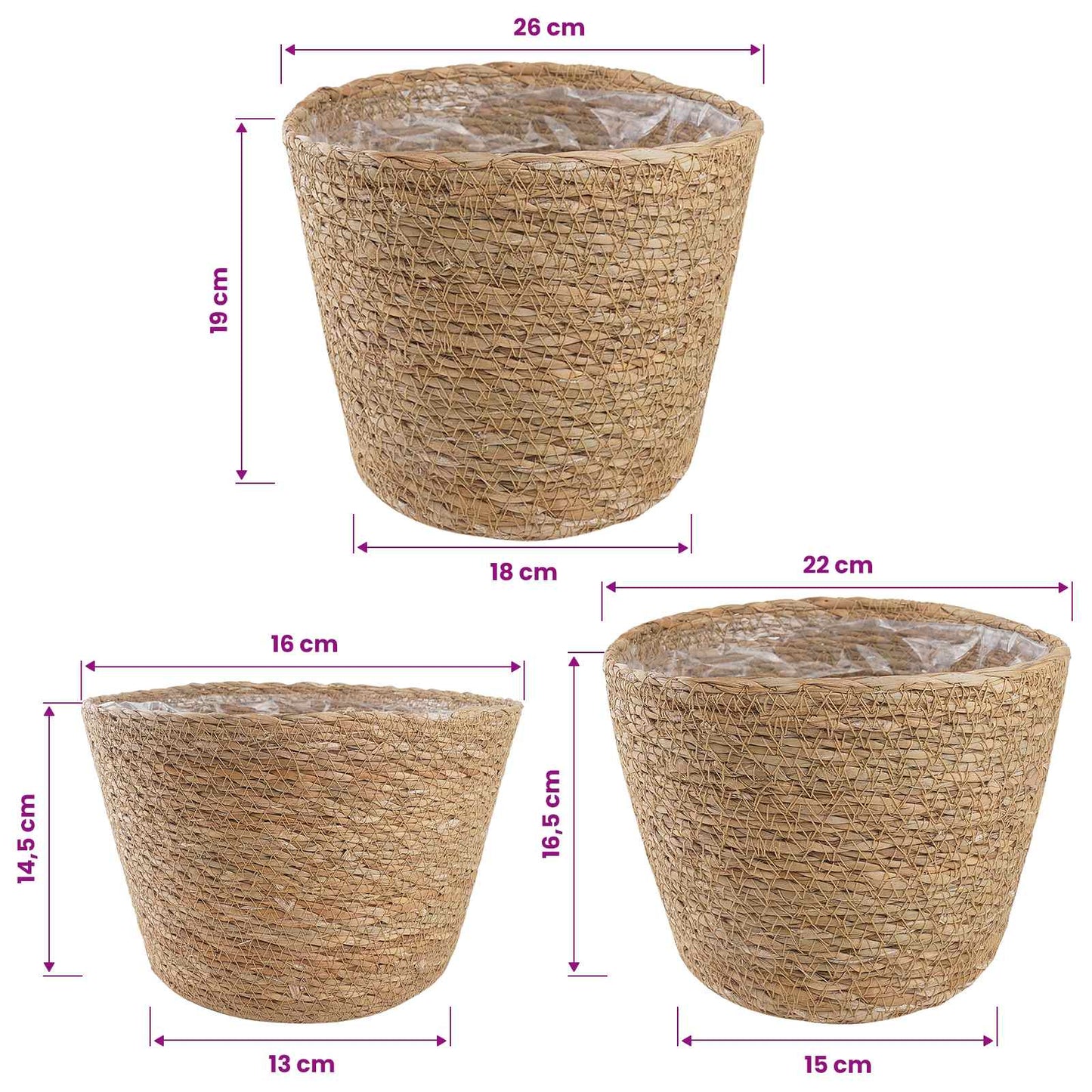 Jūros žolės augalų krepšiai 3 pcs Natūrali Ø26 x 19 cm