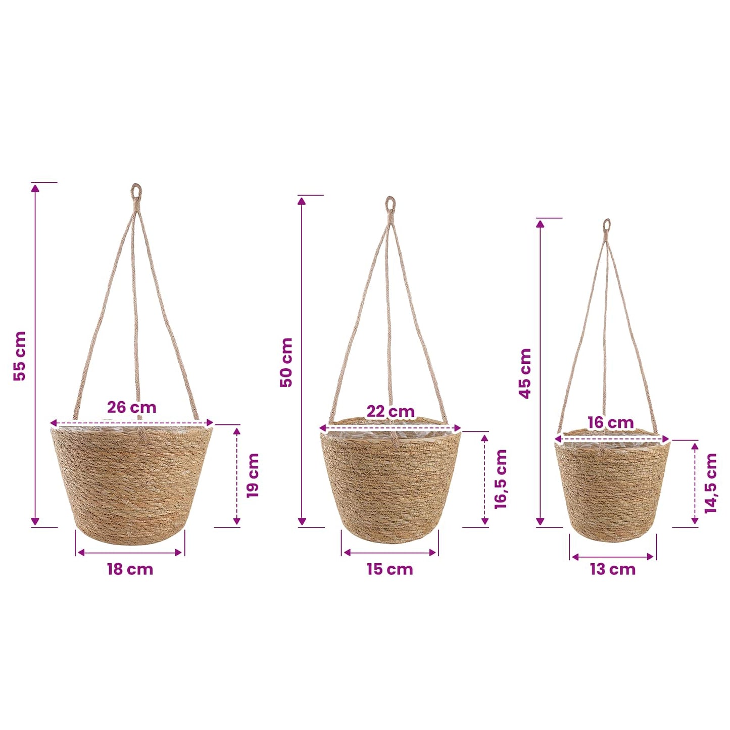 Jūros žolės augalų krepšiai 3 pcs Natūrali Ø26 x 19 cm