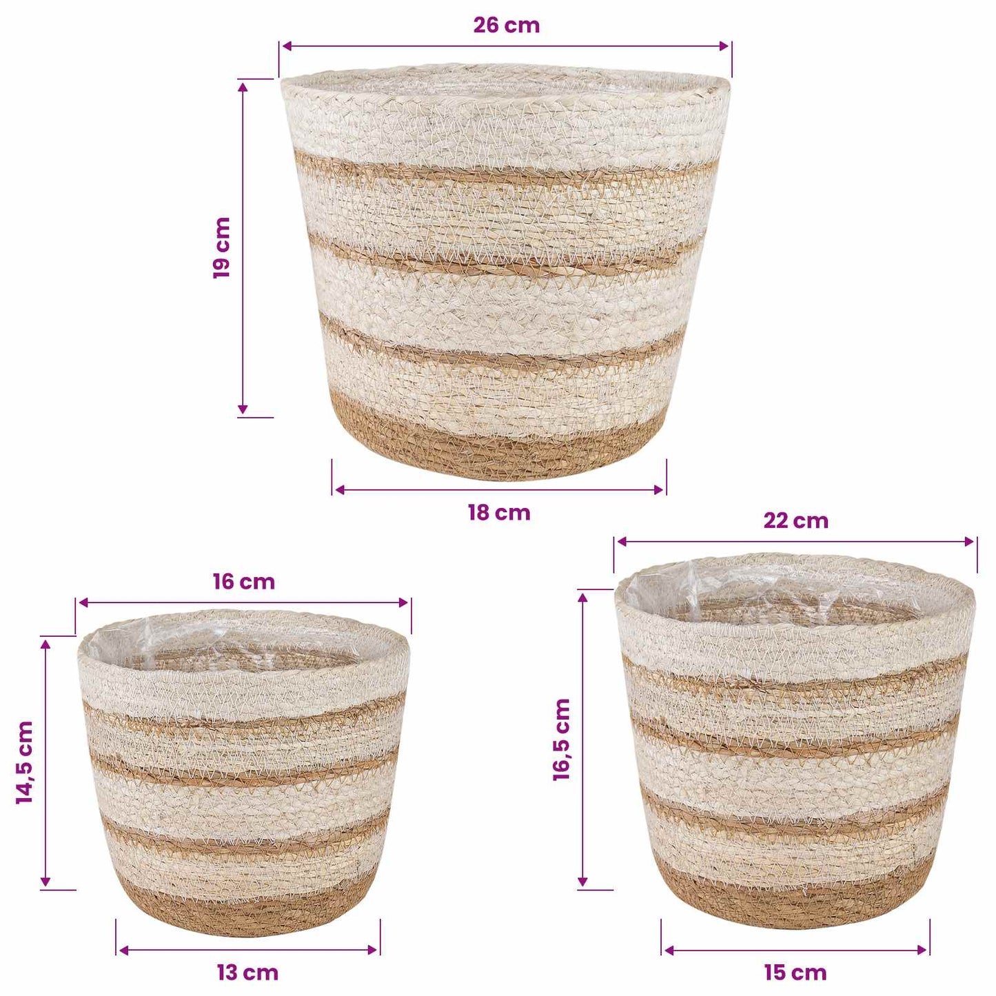 Jūros žolės augalų krepšiai 3 pcs Natūralus, Baltas ir Kreminis