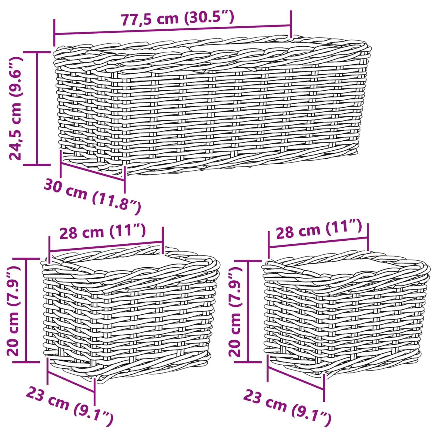 Vazonų krepšys su saugykla 3 pcs Pilka Kubu ratanas