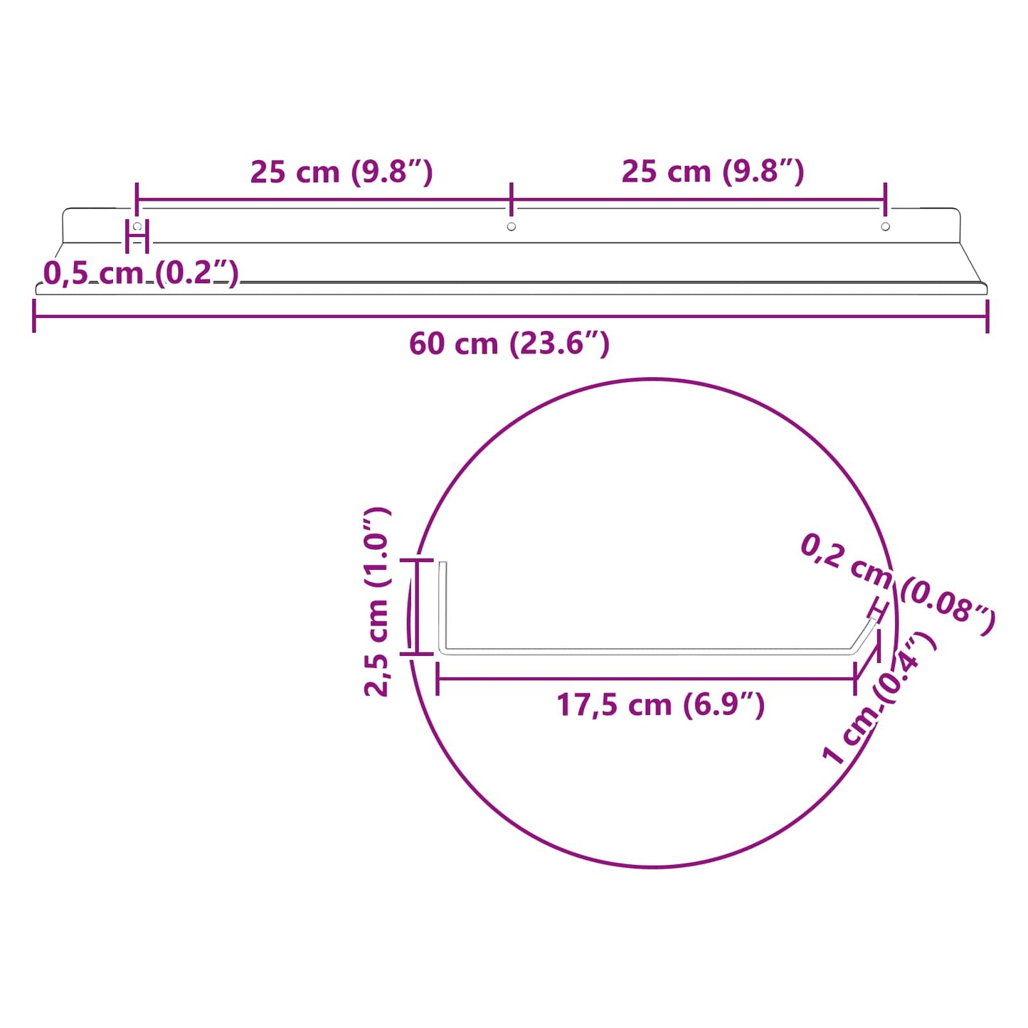 Sieninė lentyna su lentyna 2 pcs Juoda 60 x 18 x 2,5 cm