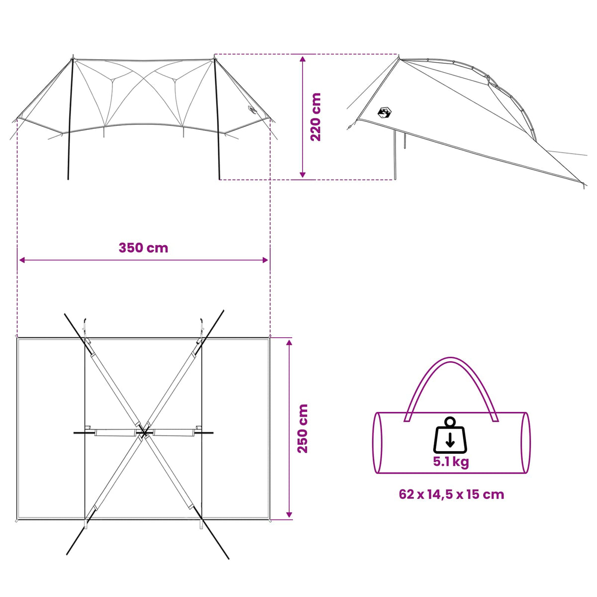 Automobilių palapinė Žalia 350 x 250 cm Poliesteris ir plienas