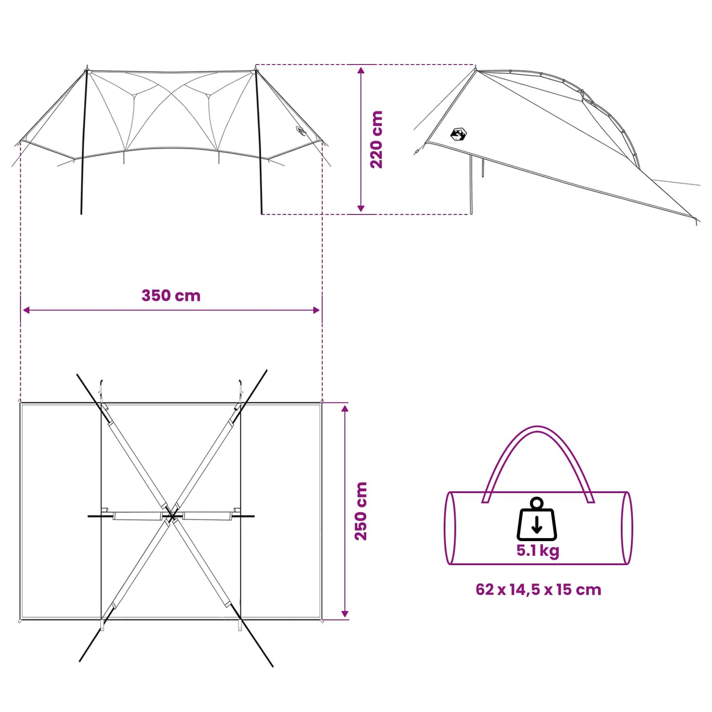 Automobilių palapinė su stogu Pilka ir oranžinė 350 x 250 cm