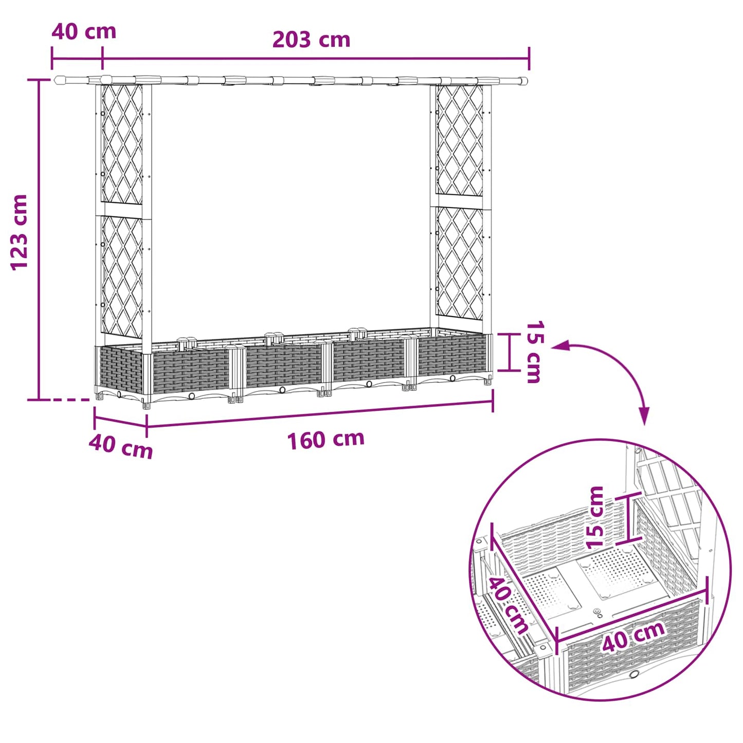 Pakeltas lovas su trelėmis ir stogu Juodas 203 x 40 x 123 cm PP