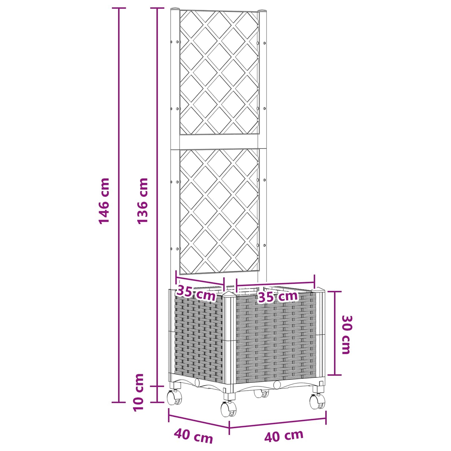 Sodo vazonas su treliu ir ratais Balta 40 x 40 x 146 cm PP