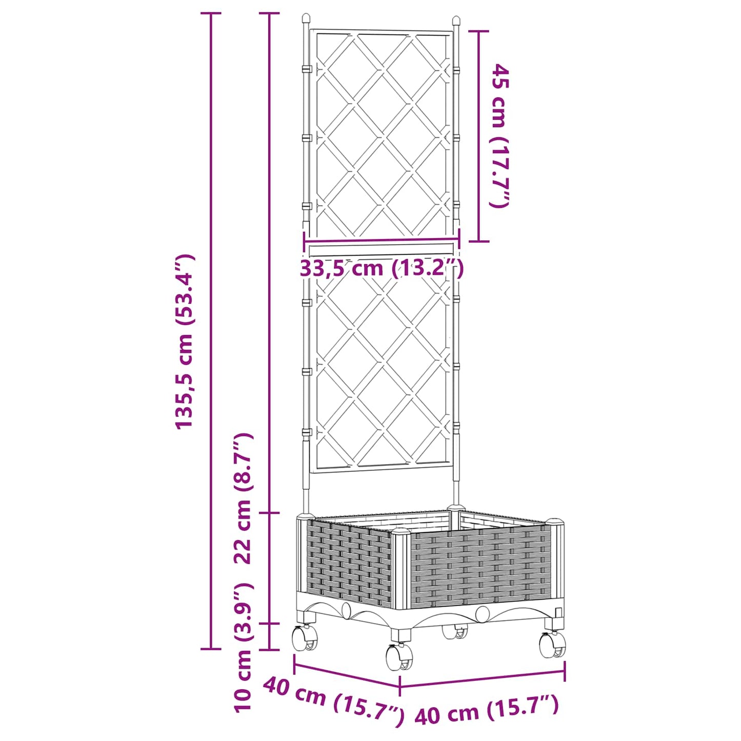 Sodo vazonas su treliu ir ratais Juoda 40 x 40 x 131,5 cm PP