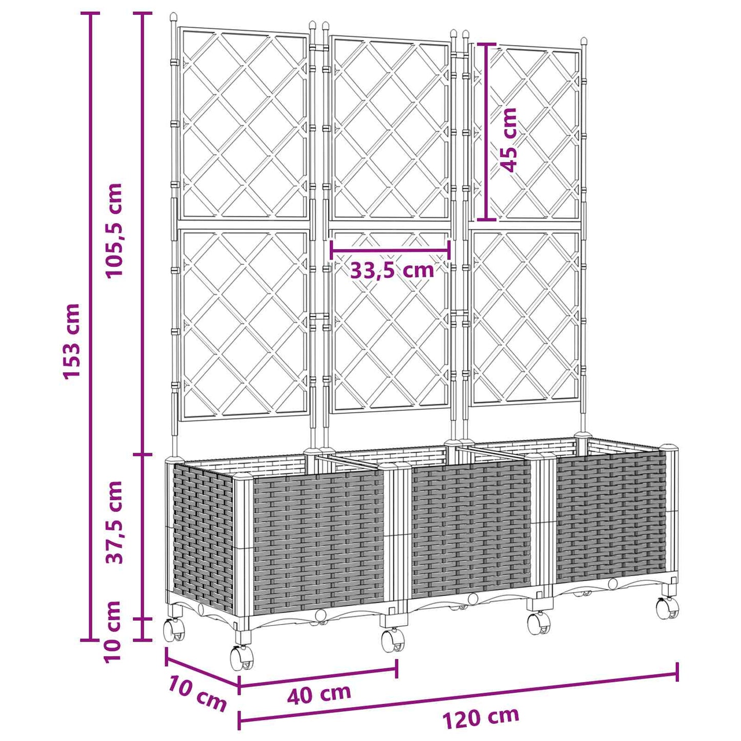Sodo vazonas su treliu ir ratais 3 vnt. Balta 120 x 40 x 149 cm