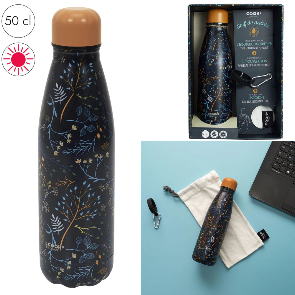 Gėlių raštų izoterminis butelis 500 ml su priedais