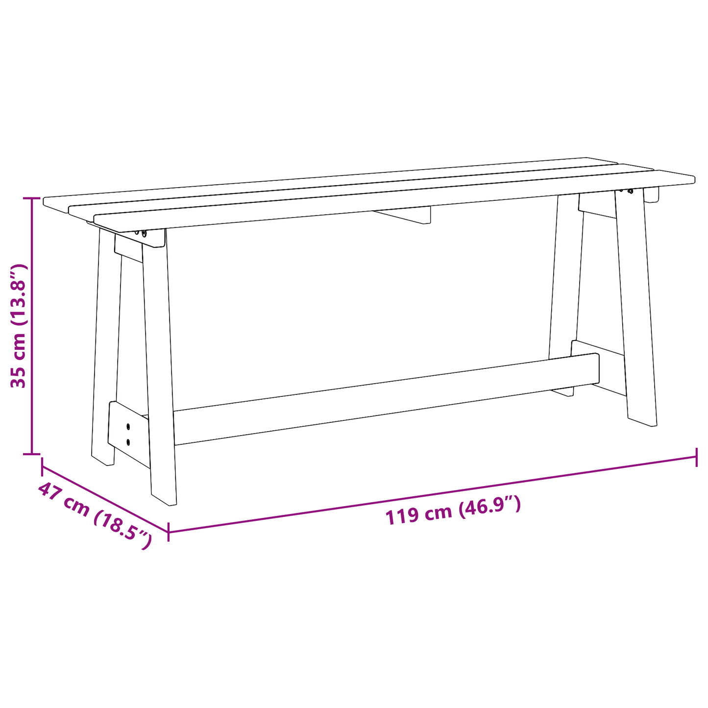 Lauko Suolas 119x35x47 cm Iš Kietos Pušies Medienos