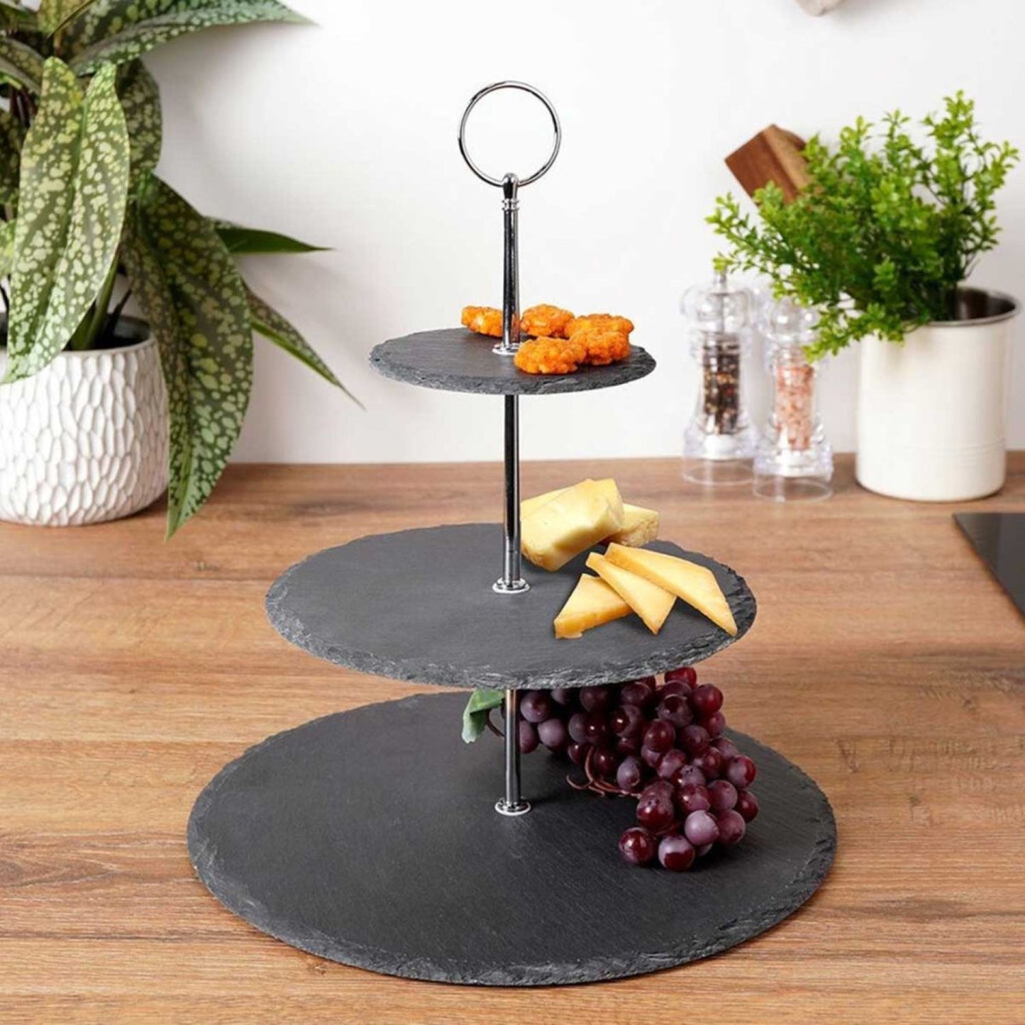 Trijų lygių akmeninė lėkštė užkandžiams ir desertams serviruoti (Juoda)