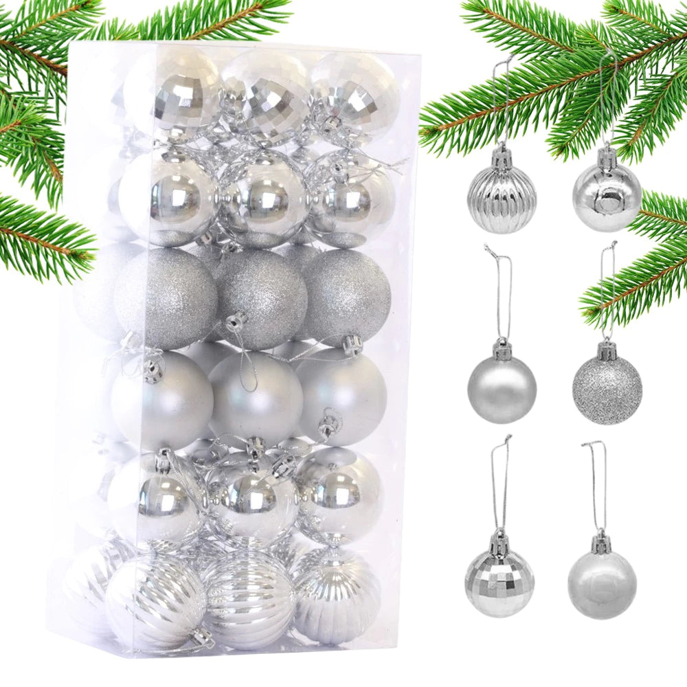 Kalėdinių eglutės žaisliukų rinkinys – 36 vnt., sidabro spalvos