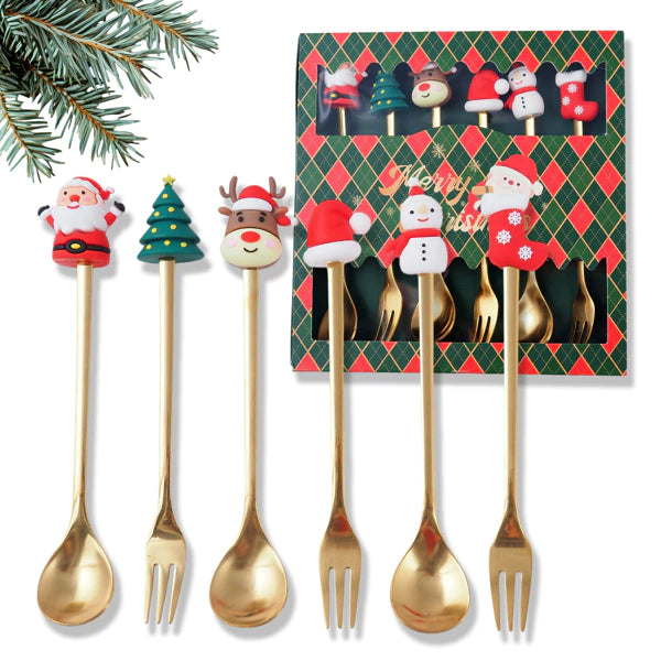 Šaukštelių ir šakučių rinkinys su kalėdinėmis figūrėlėmis (6 vnt.) dėžutėje