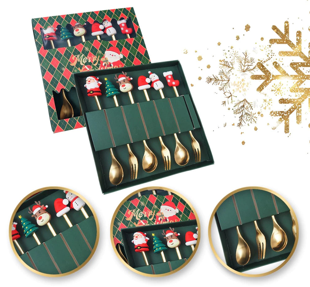 Šaukštelių ir šakučių rinkinys su kalėdinėmis figūrėlėmis (6 vnt.) dėžutėje