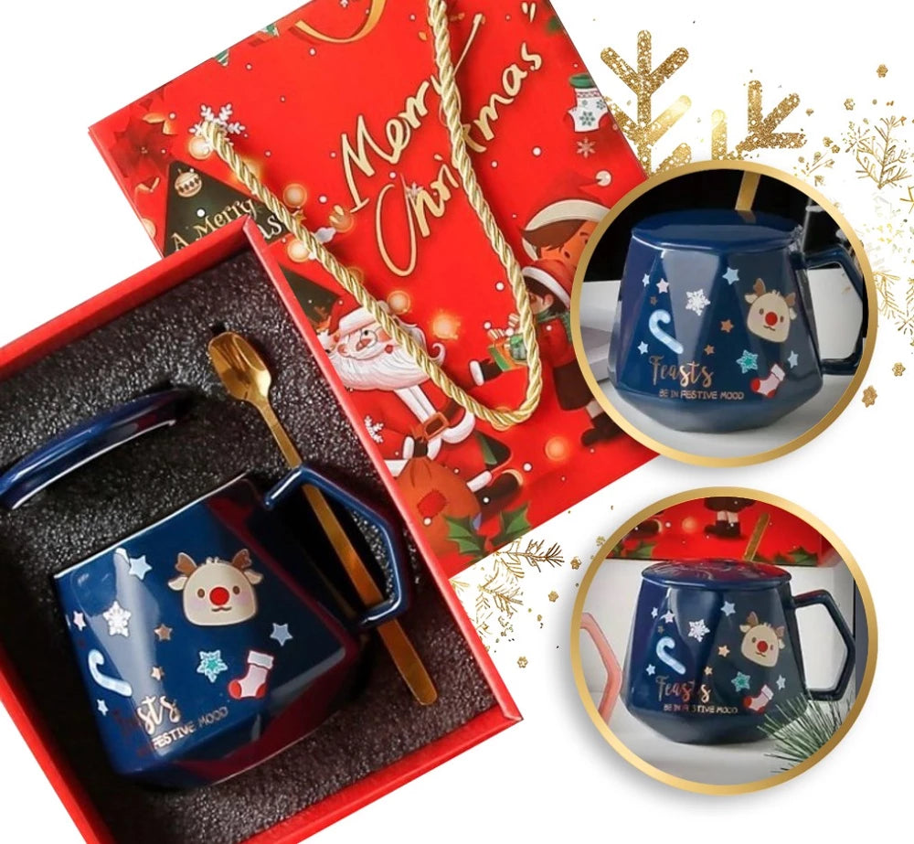 Kalėdinis puodelis su dangteliu ir šaukšteliu dėžutėje