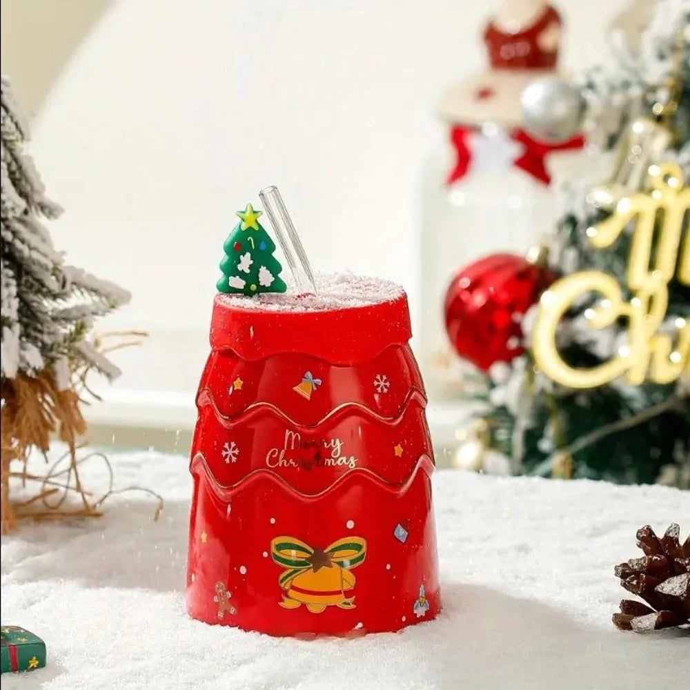 Keramikinis puodelis su kalėdiniu motyvu ir silikoniniu dangteliu ( Spalvų pasirinkimas)