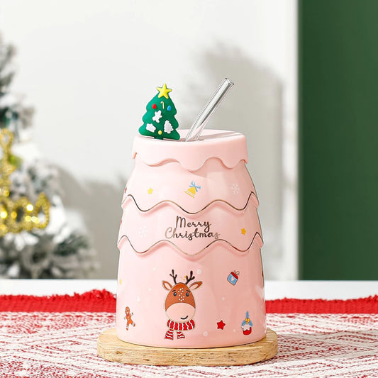 Keramikinis puodelis su kalėdiniu motyvu ir silikoniniu dangteliu ( Spalvų pasirinkimas)