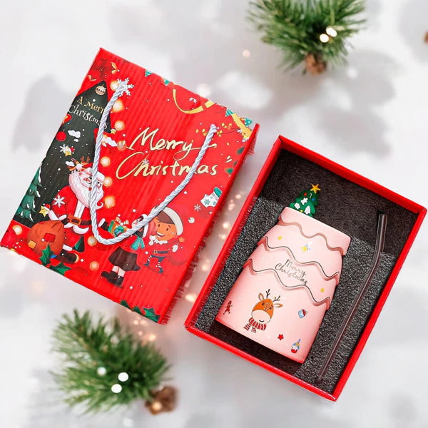 Keramikinis puodelis su kalėdiniu motyvu ir silikoniniu dangteliu ( Spalvų pasirinkimas)