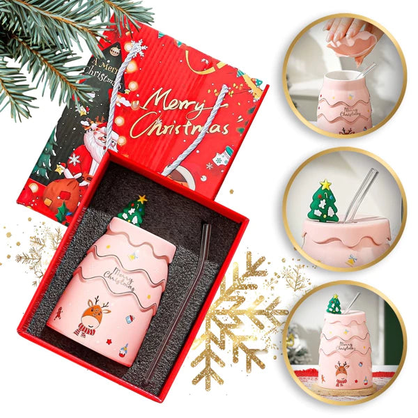 Keramikinis puodelis su kalėdiniu motyvu ir silikoniniu dangteliu ( Spalvų pasirinkimas)