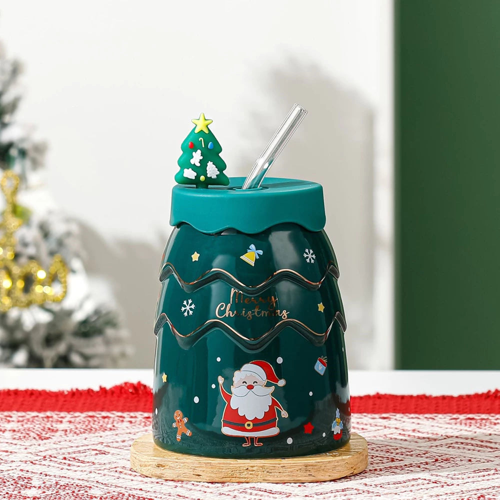 Keramikinis puodelis su kalėdiniu motyvu ir silikoniniu dangteliu ( Spalvų pasirinkimas)