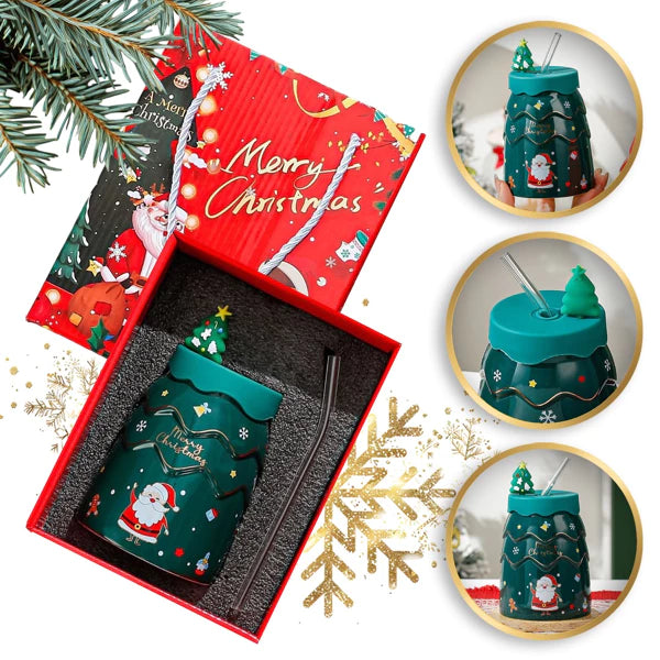 Keramikinis puodelis su kalėdiniu motyvu ir silikoniniu dangteliu ( Spalvų pasirinkimas)