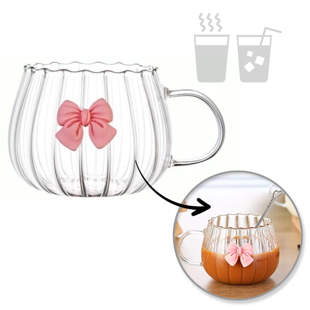 Stiklinis puodelis su grioveliais ir kaspinėliu (350 ml)