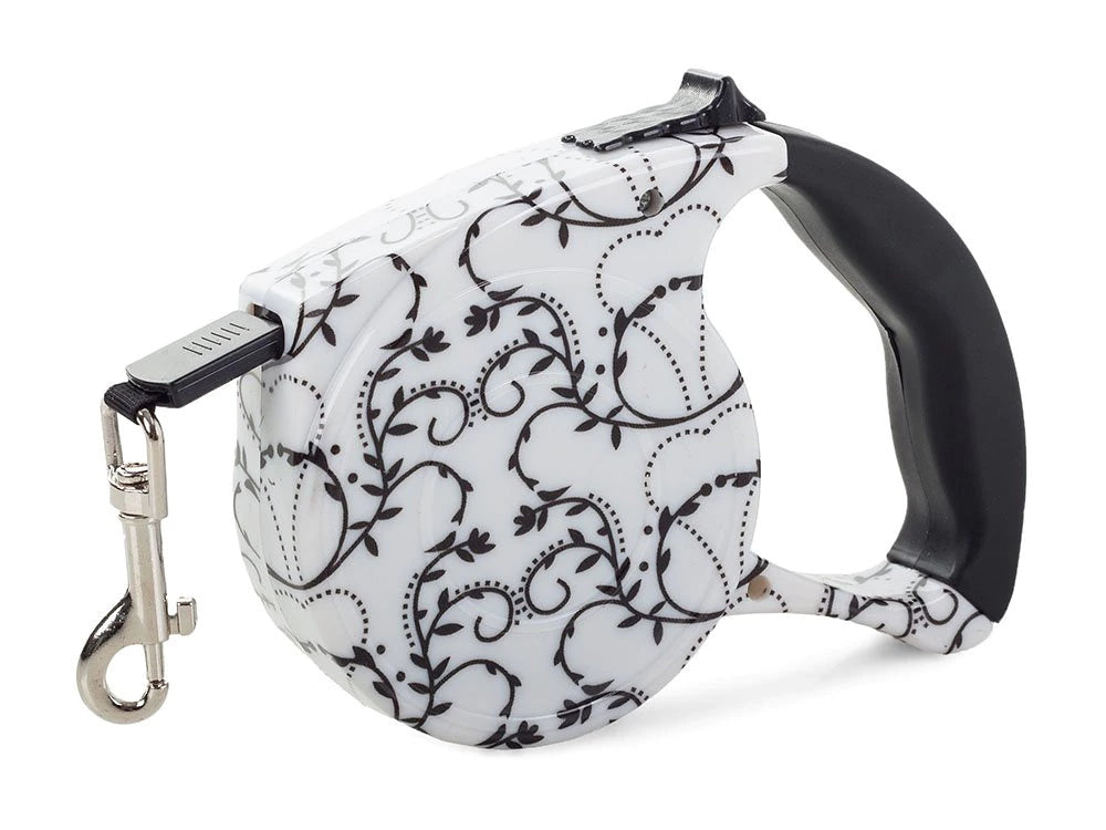 Automatinis šuns pavadėlis su užraktu (5 m, iki 15 kg, Juodi ornamentai)