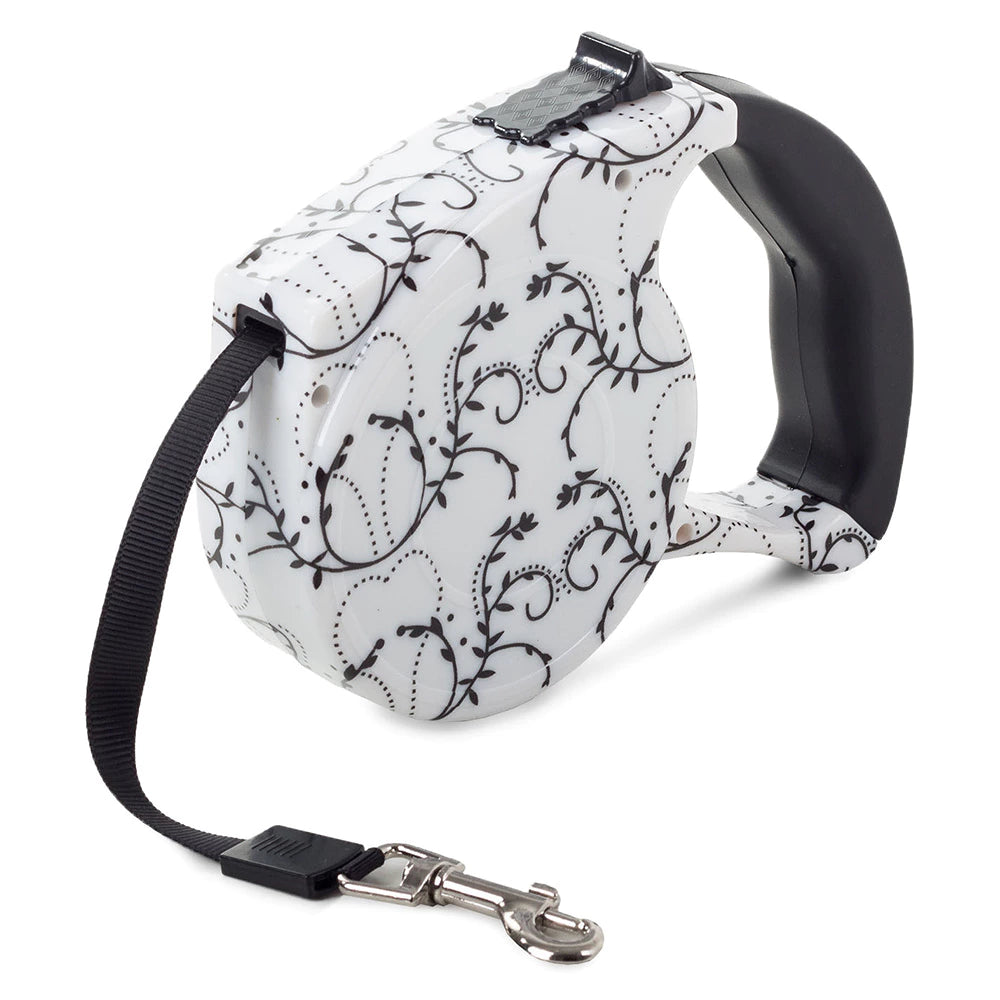 Automatinis šuns pavadėlis su užraktu (5 m, iki 15 kg, Juodi ornamentai)