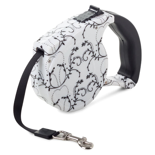 Automatinis šuns pavadėlis su užraktu (5 m, iki 15 kg, Juodi ornamentai)