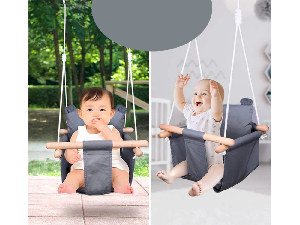 Medinės kūdikio sūpynės su minkštu čiužiniu  ( Pilkos spalvos)