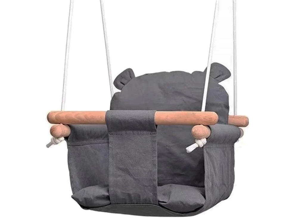 Medinės kūdikio sūpynės su minkštu čiužiniu  ( Pilkos spalvos)