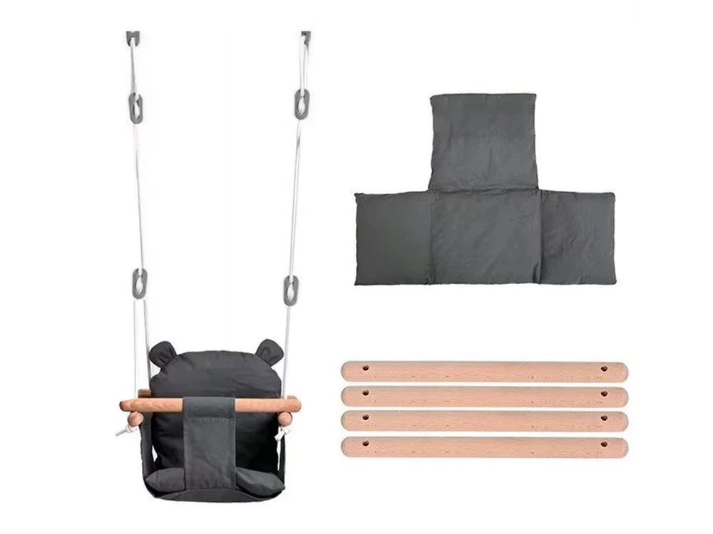 Medinės kūdikio sūpynės su minkštu čiužiniu  ( Pilkos spalvos)