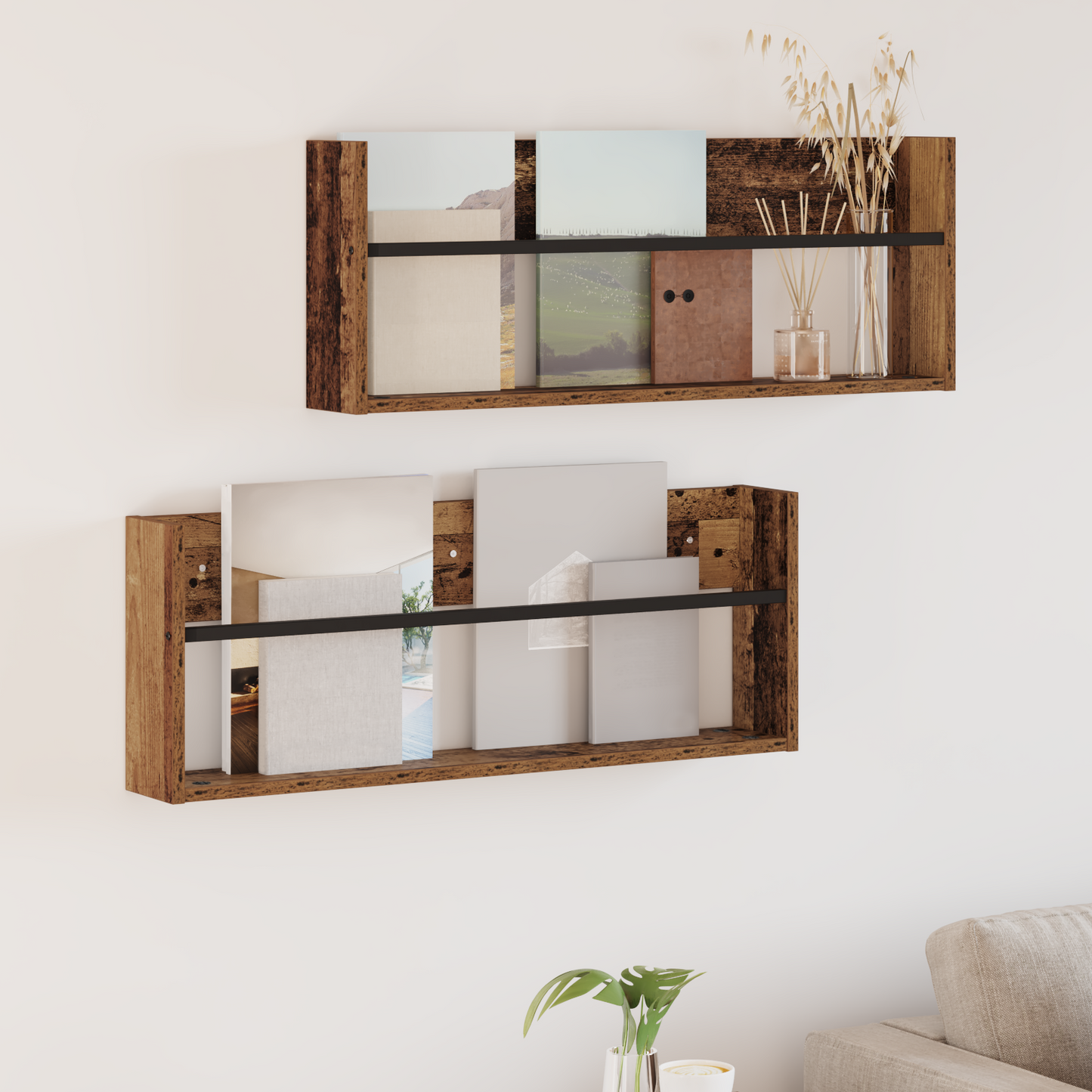 Žurnalų stovas su lentyna 2 pcs Senas medis 80 x 12 x 30 cm