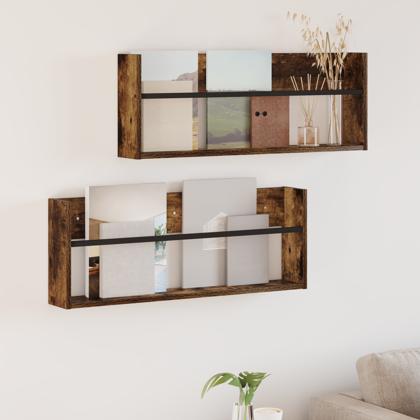 Žurnalų stovas su lentyna 2 pcs Rūkyta ąžuolas 80 x 12 x 30 cm